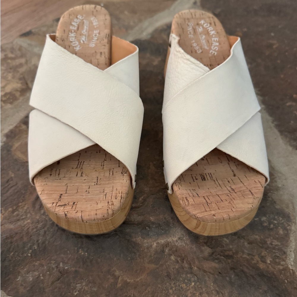 Kork-Ease Cream Mules with Cork Sole and Open Toe